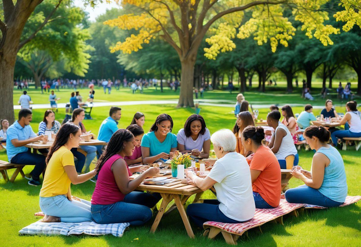 A diverse group of people engaging in various interactive activities, such as exchanging books, sharing a meal, and playing games in a colorful park setting. Showcase expressions of joy, warmth, and collaboration, symbolizing friendship and connections. Include elements like butterflies and flowers to represent growth and love. Emphasize a bright, welcoming atmosphere. super-realistic. vibrant colors. 3D.