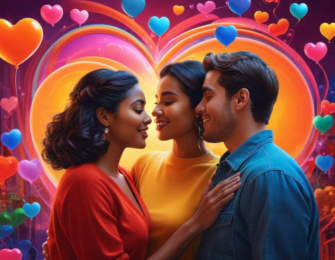 A digital landscape featuring diverse couples connecting through glowing screens, with hearts and tech elements intertwining in the background. Show vibrant colors representing love and harmony, while including symbols of technology like chat bubbles and social media icons. Emphasize expressions of joy and connection among different ethnicities, reflecting the theme of modern relationships. surrealistic. bright colors. dynamic composition.